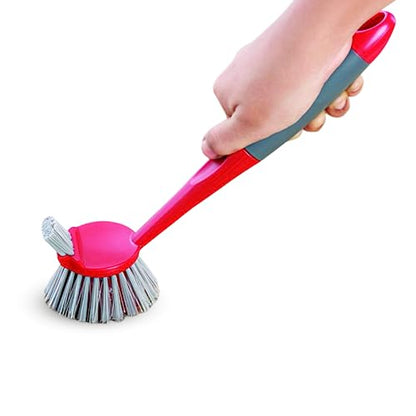 Cello Kleeno Dual Action Sink & Dish Brush, Red & Grey | Flexible Bristles, Hanging Provision | Rubberised Handle & Tough Bristles for Stubborn Stains |Plastic Kitchen Sink Basin Wash Cleaning Brush