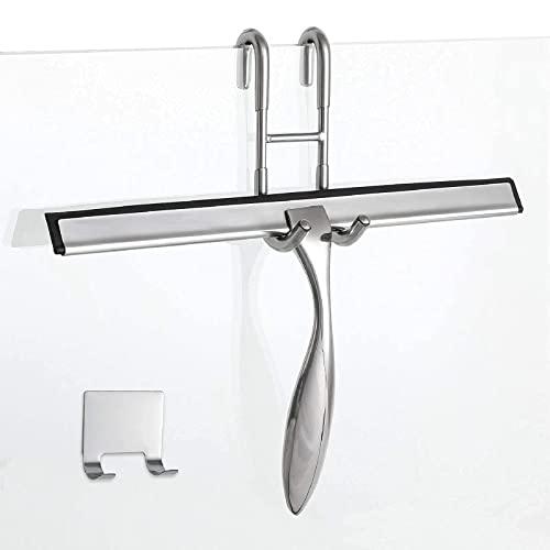 Simtive 12-Inch Shower Squeegee (Includes 1 Shower Door Hook and 1 Adhesive Hook), Shower Door Hooks (2-Pack), Both Silver, 2 Item Bundle