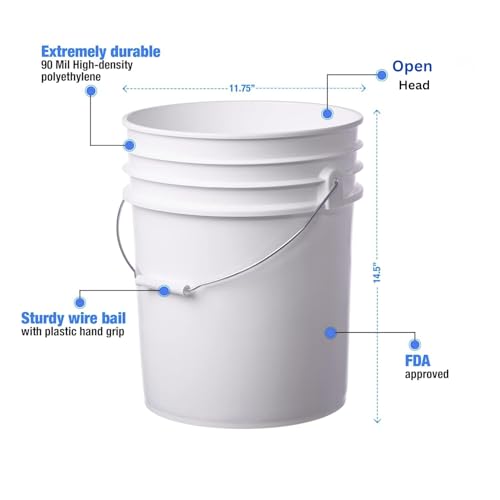 5 Gallon Food Grade Plastic Bucket, Open Head Pail with Handle, 12-3/8 in Diameter x 14-3/4 in Height (White, 1 Pack) - color: White, size: 1 Pack