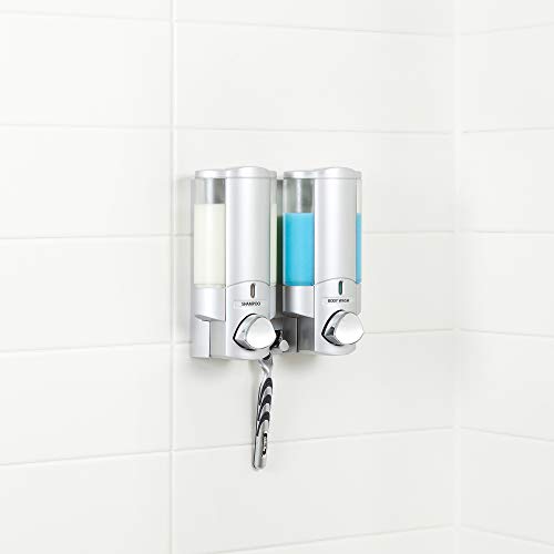 Better Living Aviva Wall Mount Shower Dispenser, 2 x 11oz, Satin Silver | 2 Chamber, Shampoo, Conditioner, Body Wash and Soap Dispenser, Built-in Hooks, No Drill, Waterproof Shampoo Soap Dispenser - color: Satin Silver, size: 2-Chamber