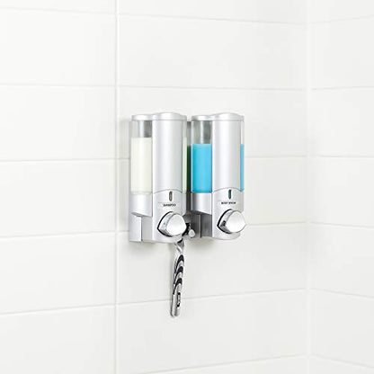 Better Living Aviva Wall Mount Shower Dispenser, 2 x 11oz, Satin Silver | 2 Chamber, Shampoo, Conditioner, Body Wash and Soap Dispenser, Built-in Hooks, No Drill, Waterproof Shampoo Soap Dispenser - color: Satin Silver, size: 2-Chamber