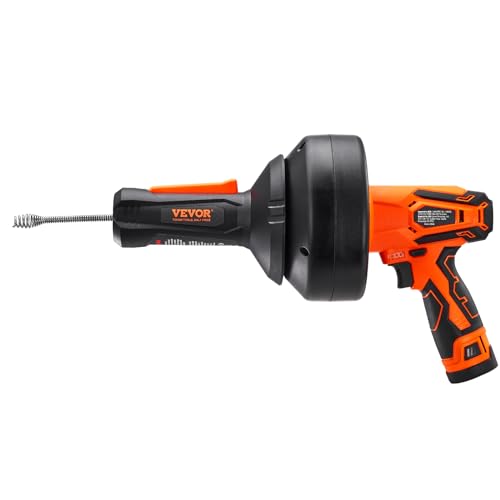 VEVOR 12V Electric Drain Auger, 25FT Cordless Plumbing Snake Auto Feed, Pipeline Snake Drain Clog Remover with Power Drill for 3/4"-2" Pipes, 2.0Ah Battery and Charger Included - style: Electric Auto-Feed