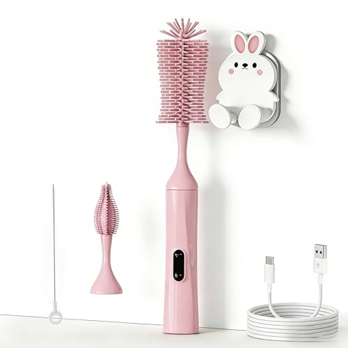 Rechargeable Electric Bottle Brush with 2 Speeds Powerful Automatic Bottle Cleaner,BPA-Free Silicone Spinning Design, Wall Mount & Straw Cleaner,Suitable for Baby Bottles & Kitchen (Pink+Pink) - color: Pink+pink