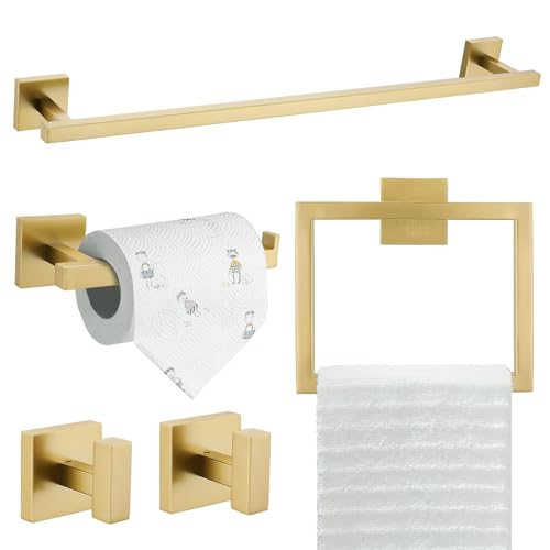 TQKAG 5-Piece Bathroom Accessories Set Brushed Gold Bathroom Hardware Set SUS304 Stainless Steel Classic Wall Mounted Towel Bar Sets 23.6" Towel Rack for Bathroom, Brushed Gold - color: Brushed Gold, size: 5-Pieces Set