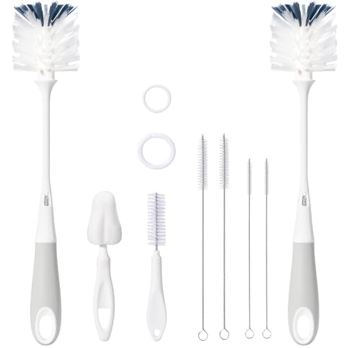 8 Pack Baby Bottle Brush Set, Two 12.7" Nylon Brush with Hidden Cleaner, 5.4" Nylon & 5.7" Sponge Nipple Brushes, 4 Straw Brushes, 2 Hanging Rings, BPA-Free, Gray - color: Gray