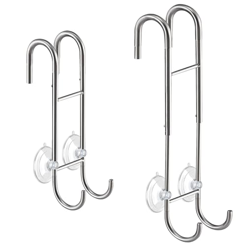 Shower Door Towel Hooks (2-Pack), 9"~13" Length Adjustable Hook for Framed & Frameless Over the Door Glass, Squeegee Holder, Towels Hanger for Bath Suits Rozer Robes Loofahs Shavers, Silver - color: Silver