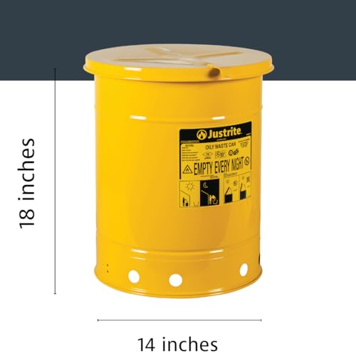 Justrite 10 Gallon Galvanized Steel Oily Waste Can, 18" x 14" Metal Oil Rag Safety Can with Hand Operated Self-Closing Lid for Oil Rag Disposal, Made in The USA, Yellow, 09311 - color: Yellow, size: 10 Gallon, style: Hand-Operated Lid