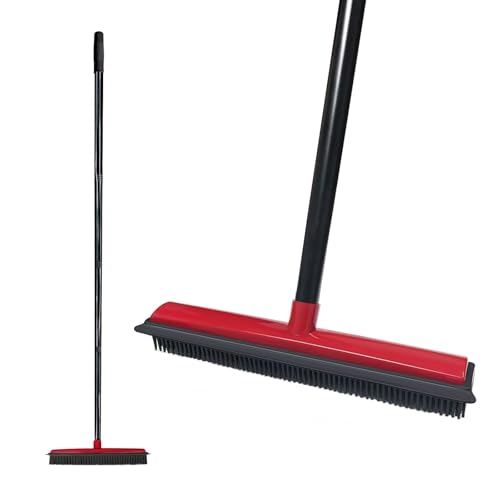 Pet Hair Rubber Broom with Squeegee for Carpet,Fur Remover Broom Carpet Rake for Pet Hair Removal, with 50"（130cm） Long Handle, Dual-Sided for Hardwood Floor, Tile,Portable Detailing Lint Brush-Red - color: Red