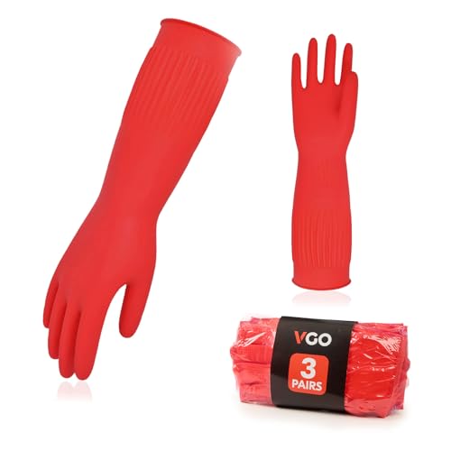 Vgo... 3-Pairs Dishwashing Gloves, Reusable Household Gloves, Long Sleeve, Thick Latex, Cleaning, Washing, Working, Painting, Gardening, Pet Care (Size L, Red, RB2143) - size: Large