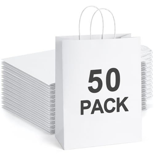 BagDream White Gift Bags 10x5x13 50Pcs Large Kraft Paper Bags with Handles Bulk for Shopping, Merchandise, Retail, Grocery, Party Favor 100% Recyclable Paper Sacks - color: White