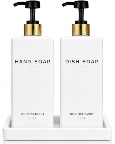 Luxury Glass Hand and Dish Soap Dispenser Set by Brighter Barns - Kitchen Soap Dispenser Set with Tray for Kitchen Sink - White and Gold Home Decor for Vacation Rental, Restaurant, Airbnb (White/Gold) - color: White/Gold