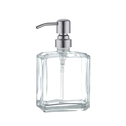 Square Clear Glass Dish Soap Dispenser, Antique Design Refillable Hand Soap Dispenser with Rust Proof Stainless Steel Pump, 13.5 oz Lotion Dispenser for Bathroom Vanity, Kitchen Countertop - color: Brushed Nickel, size: 13.5oz-Square