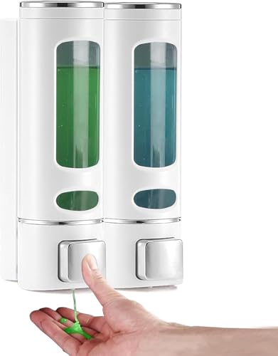 White Wall Mounted Hand Soap Dispenser, 13.5oz/400ml Shower Pump, Clear Refillable Liquid Lotion Soap Dispenser, Gel Container Shower Pump Dispenser and Organizer for Bathroom Kitchen, 2 Chamber - color: White
