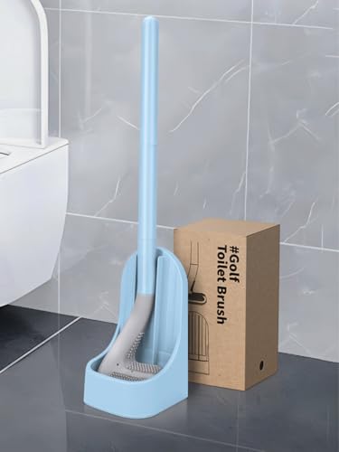 Silicone Toilet Brush and Holder Set, Golf Head Design, Flexible Toilet Bowl Brush Head with Silicone, Long Handle, Wall Mounted with Removable Anti-Leakage Base, Bathroom Deep Cleaning(Blue) - color: Blue