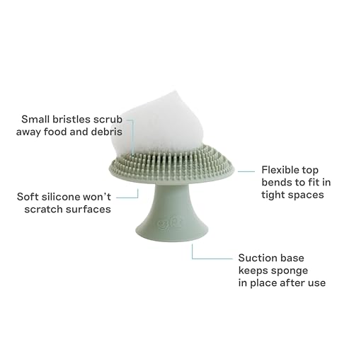 ezpz Mushroom Sponge (Sage) - Odor-Resistant Kitchen Sponge with Soft Bristles, Non-Slip Handle, Suction Base - Gently Cleans Pans, Dishes and Feeding Gear - color: Sage