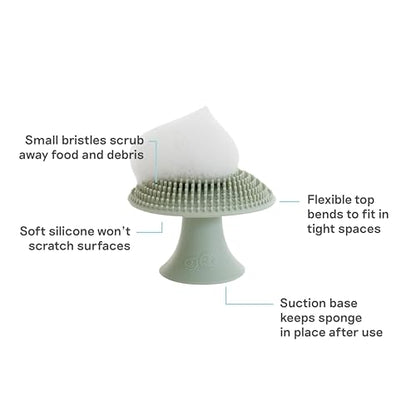 ezpz Mushroom Sponge (Sage) - Odor-Resistant Kitchen Sponge with Soft Bristles, Non-Slip Handle, Suction Base - Gently Cleans Pans, Dishes and Feeding Gear - color: Sage