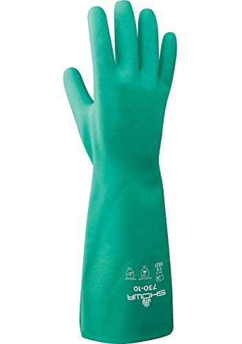 SHOWA 730 chemical resistant nitrile gloves, 13-inch extended gauntlet, bisque grip, green, X-Small, 12-pack - size: X-Small, style: 12-pack