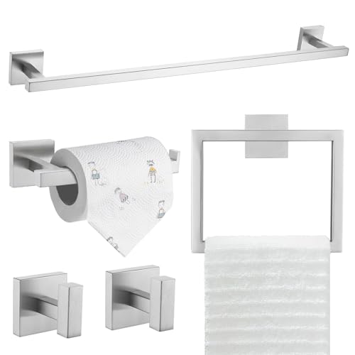 TQKAG 5-Piece Bathroom Hardware Set Brushed Nickel Classic Wall Mounted SUS304 Stainless Steel Bathroom Accessories Set 23.6" Towel Rack for Bathroom, Brushed Nickel - color: Brushed Nickel, size: 5-Pieces Set