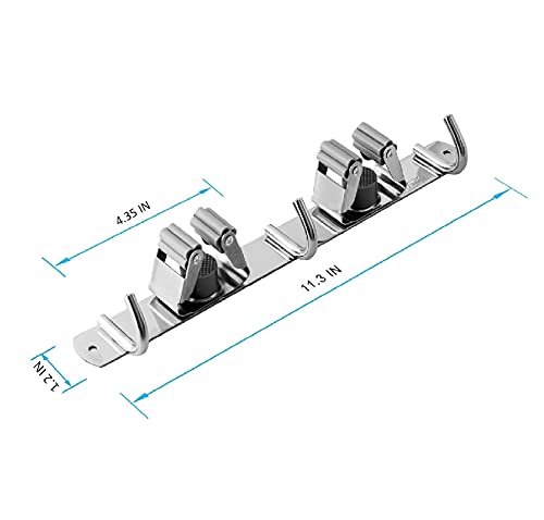 Broom and Mop Holder Wall Mounted, Broom Hanger Storage Rack, Stainless Steel Mop Hanger, Dustpan Holders with 2 Racks and 3 Hooks, Heavy Duty utility hooks for hanging brooms and mops
