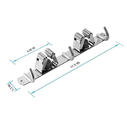 Broom and Mop Holder Wall Mounted, Broom Hanger Storage Rack, Stainless Steel Mop Hanger, Dustpan Holders with 2 Racks and 3 Hooks, Heavy Duty utility hooks for hanging brooms and mops