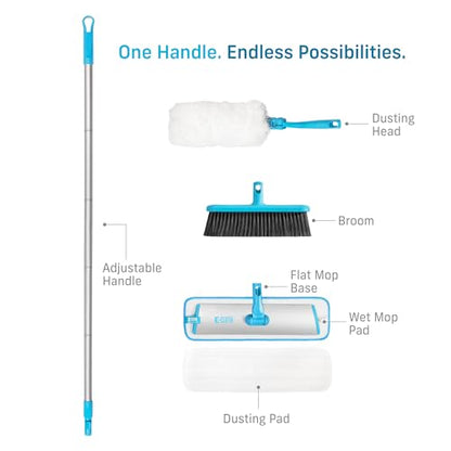 E-Cloth Easy-Click Home Cleaning Supplies Set - Dust Broom & Flat Mop Kit for Floor Cleaning, Wall, Ceiling, & Floor Duster, Adjustable Handle, Interchangeable Heads, Washable Pads, No Refills Needed
