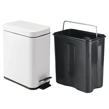 mDesign 5 Liter Rectangular Small Steel Step Trash Can Wastebasket, Garbage Container Bin for Bathroom, Powder Room, Bedroom, Kitchen, Craft Room, Office - Removable Liner Bucket, Matte White - color: White, size: 1.3 Gallon