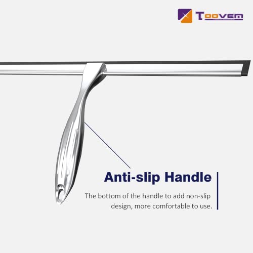 TOOVEM 14 Inch Shower Squeegee for Glass Doors, Window, Bathroom, Car Windshield, Shower Cleaning Tools with S Hook, Square Sticky Hook (Silver) - style: Silver 14 inch
