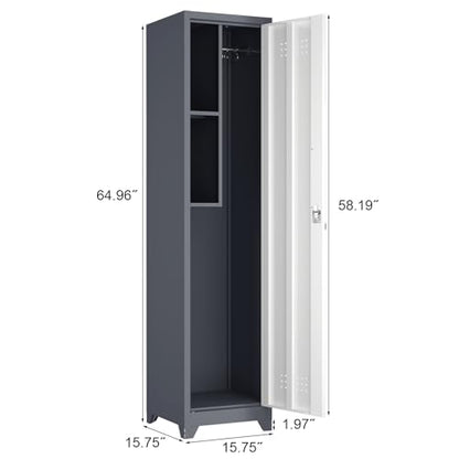 Metal Broom Storage Cabinets, Narrow Cabinet with Hooks, 65" Slim Bathroom Storage Cabinet with Shelves, Heavy-Duty Cleaning Cabinets for Utility Room, Gym, Office, Garage - color: 65"h-slim Cabinet / White+grey