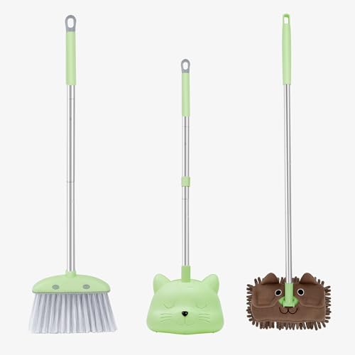 28'' Kids Mini Broom with Dustpan & Mop Set - Toddler Cleaning Toy, Toddler Household Helper, Parent-Child Interactive Play Cleaning Tool, Cute Cartoon Design, Small Safe Corner Broom (Green) - color: Green, size: Broom Set & Mop