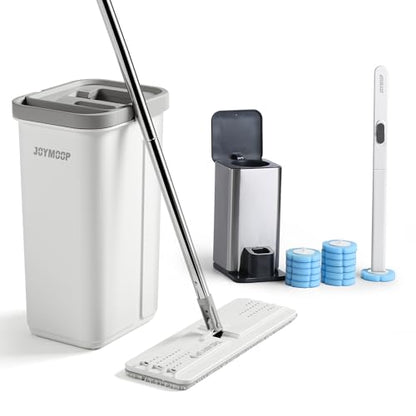 JOYMOOP Bathroom Cleaning Set, Mop and Bucket System with Toilet Brush Set, White, Microfiber Flat Mop for Household & Commercial Floor and Bathroom Cleaning - color: White Liteb131