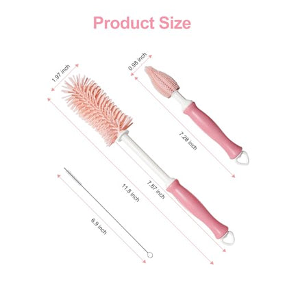 Bottle Brush Set 3-in-1, Including Long Handle Silicone Bottle Brush, Detail Cleaner, Straw Brush, Non Scratch Cleaning Brushes for Water Bottles, Tumblers and Glass (Pink) - color: Pink