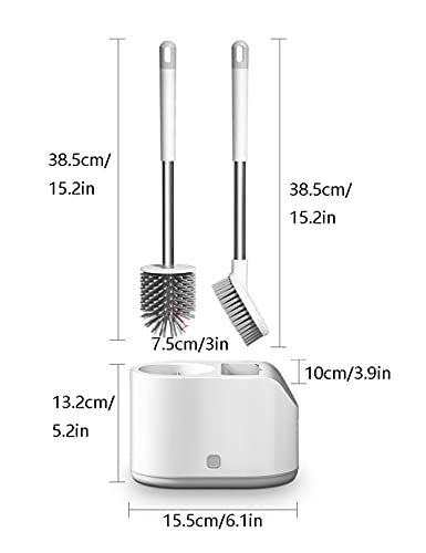 Multifunction Double Brush Toilet Brush Holder, Long Handle Wall-Mounted Toilet Brush Plunger Set, Ventilated Quick-Drying Silicone (Color : Gray, Size : Wall Hanging)