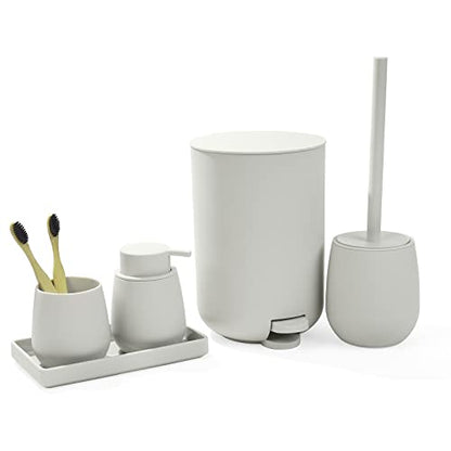 GAHEFY Small Beige White Bathroom Accessories Set with Mini Trash Can 3 Liter/0.8 Gallon,Toothbrush Holder,Soap Dispenser,Vanity Tray,Toilet Brush and Holder (Beige White 5pcs) - style: Beige white 5pcs
