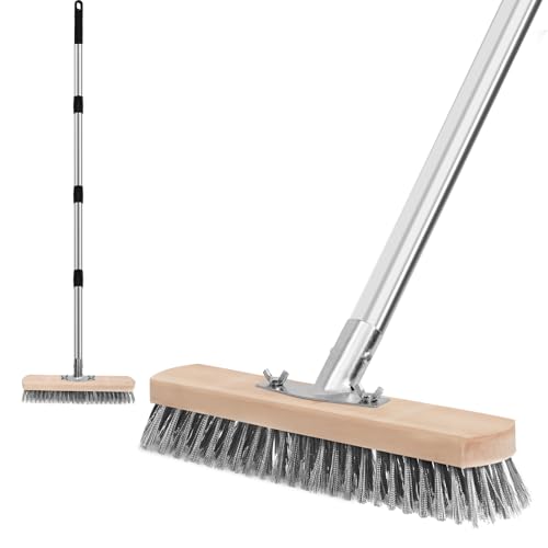 Stainless Steel Wire Scrub Brush with Long Handle, Heavy Duty Floor Scrubber Brush, Moss Remover Wire Broom for Deck, Rough Surface, Concrete Floor, Patio, Garden, Garage