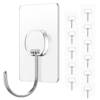 JINSHUNFA Adhesive Wall Hooks 13LB Heavy Duty No Drill Large Transparent Waterproof Hooks for Bathroom Kitchen Towel Coat 12 Pack - size: 12 Large hooks