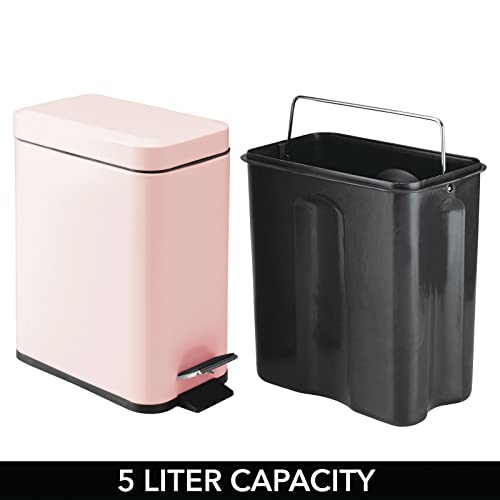 mDesign Small Modern 1.3 Gallon Rectangle Metal Lidded Step Trash Can, Compact Garbage Bin with Removable Liner Bucket and Handle for Bathroom, Kitchen, Craft Room, Office, Garage - Light Pink - color: Light Pink, size: 1.3 Gallon
