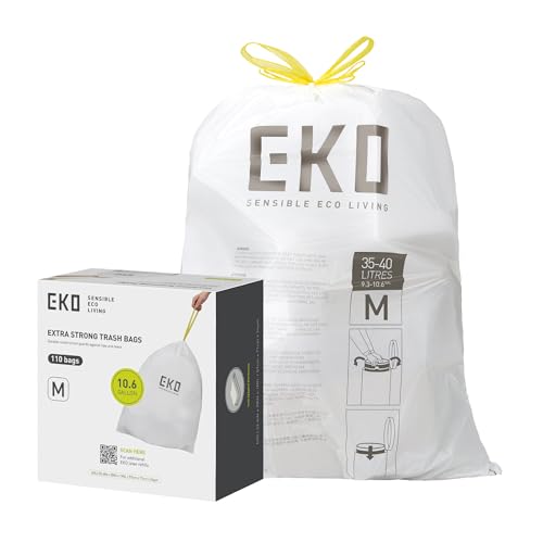 EKO 10.6 Gallon / 35–40 Liter Drawstring Trash Bags, 110 Count Heavy-Duty Tall Kitchen Garbage Can Liners, Extra-Strong Leak-Resistant, Unscented, White, Code M - size: 110 Count (Pack of 1), style: 10.6 Gallon Bags/Code M