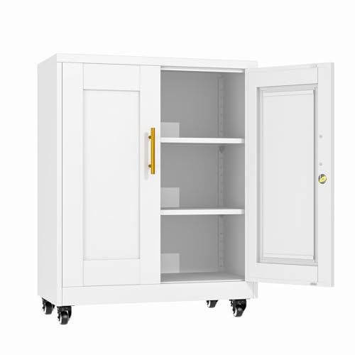erosoei 35" H Metal Garage Storage Cabinet, Rolling Tool Cabinet with 2 Doors and Wheels, Locker Steel Cabinet with 2 Adjustable Shelves, Organization Cabinet for Garage,Office,Home,Gym,School（White） - color: White, size: 35.4"With wheels and locks