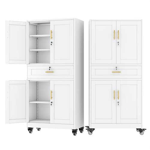 71" Tall Metal Garage Storage Cabinet with Wheels and Drawer, Steel Lockable File Cabinet with 3 Adjustable Shelves, Heavy Duty Locking Tool Cabinets for Garage, Home, Office, Gym, School (White) - color: White, size: 71"H - Drawer