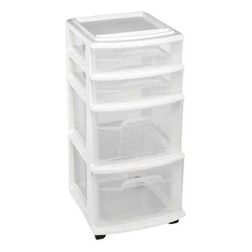 HOMZ Drawer Tower, 4-Tier Clear Plastic Storage Organizer Cart, White Frame – Rolling Containers with Wheels for Bathroom, Bedroom, Office, and Classroom Organization - color: White, size: 1 Pack