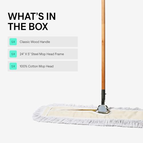 Commercial Dust Mop & Floor Sweeper, 24 in. Dust Mop for Hardwood Floors, Cotton Mop Head, Wooden Broom Handle, Industrial Dry Mop for Floor Cleaning & Janitorial Supplies - size: 24 X 5 Inch