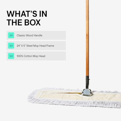 Commercial Dust Mop & Floor Sweeper, 24 in. Dust Mop for Hardwood Floors, Cotton Mop Head, Wooden Broom Handle, Industrial Dry Mop for Floor Cleaning & Janitorial Supplies - size: 24 X 5 Inch