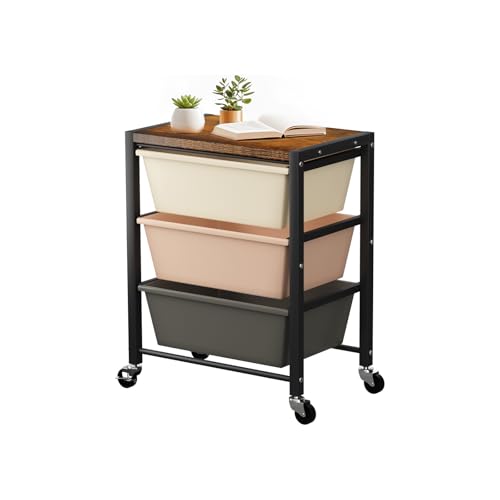Rolling Cart with 3 Drawers, Plastic Drawer Storage Carts with Lockable Wheels & Wooden Tabletop, Metal Utility Cart Organizer, Office Bedroom Classroom Craft Organization and Storage, Dark Brown - color: Dark Brown, size: 3-drawer