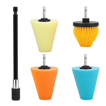 Linkstyle 5PCS Drill Polishing Cone Set, Car Wheel Polisher Sponge Pad Kit with Long Extension Pole & Cleaning Brush, Buffing Cone for 1/4" Hex Drill, Car Rim and Metal Surface Polishing Tool - style: Cone_5PCS