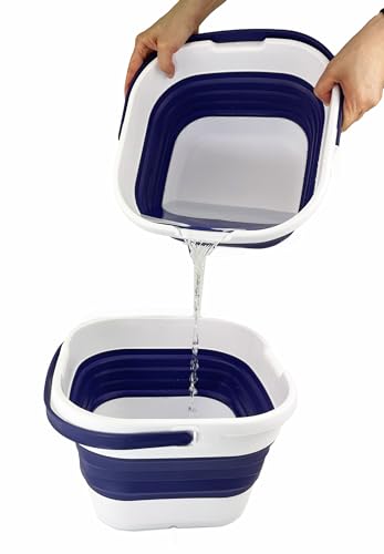 SAMMART 9.5L (2.5 Gallon) Collapsible Rectangular Handy Basket/Bucket (White/Navy Blue) - color: White/Navy Blue