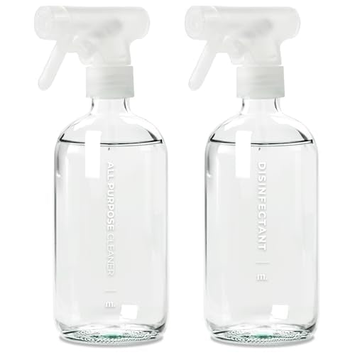 MaisoNovo Glass Spray Bottles 16 Oz Pack of 2 - Clear Spray Bottles for Cleaning Solutions with Fortified Glass & Fine Mist - Ideal for Cleaning, Disinfecting, Home, Office & Commercial Use - 16 Label - color: Clear