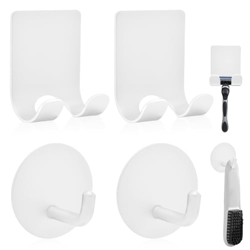 Diesisa Razor Holder for Shower + Adhesive Wall Hooks, Premium 304 Stainless Steel Shower Razor Holder with Heavy Duty Waterproof Sticky Hooks for Hanging Towels, Coat, hat (2+2 Pack)-White - color: White-4pcs