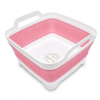 2.4 Gal(9L) Collapsible Dish Basin with Drain Plug, Space Saving Outdoor Multiuse Foldable Sink Tub, Dishpan, Kitchen Storage Tray for Camping, Vegetable Washing, RV (Pink) - color: Pink