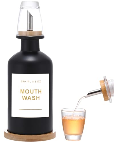 11.8OZ Glass Mouthwash Dispenser for Bathroom with Stainless Steel & Bamboo Nozzle, Mouthwash Cup Reusable, Bamboo Tray, and Elegant Gold Sticker.(Black) - color: Black/350*1