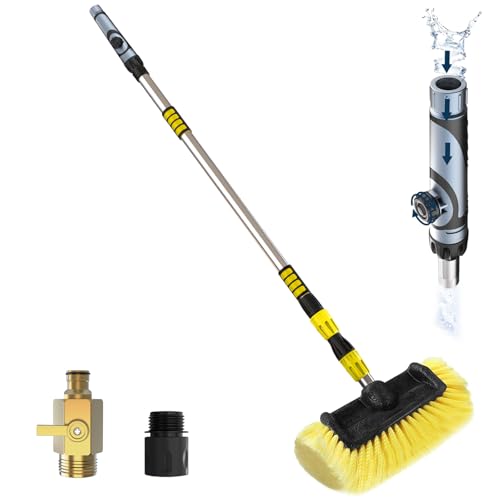 LAANPOLE 12FT Car Wash Brush with Long Handle, Car Cleaning Brush with 12 Inch Soft Bristle and Soap Dispenser, Solar Panels Cleaner with Telescoping Pole for RV, Truck, Boat, House Siding, Yellow - color: Yellow